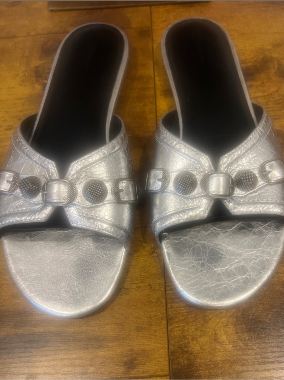 Balenciga Women’s Metallic Leather Mules with sign oversized hardware:Size 41